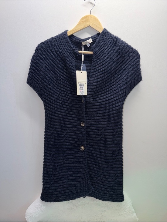 Sorel Sweaters - Sorella Navy Short-Sleeve Ribbed Button Knit Quiet Luxury Midi Length Cardigan 🌎